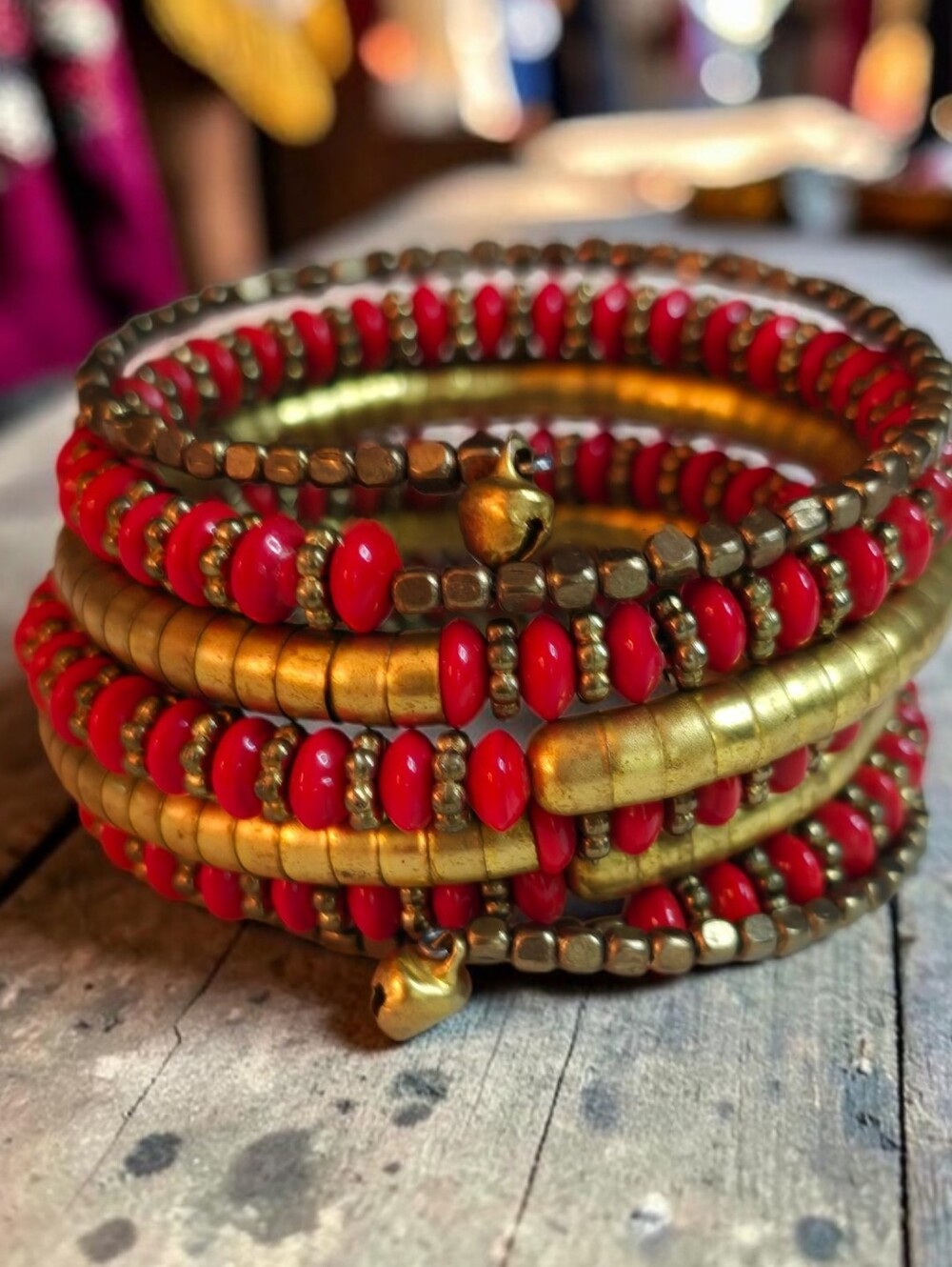 Vintage Red & Gold Bead Multi Wrap Coil Bracelet - Picture 3 of 3